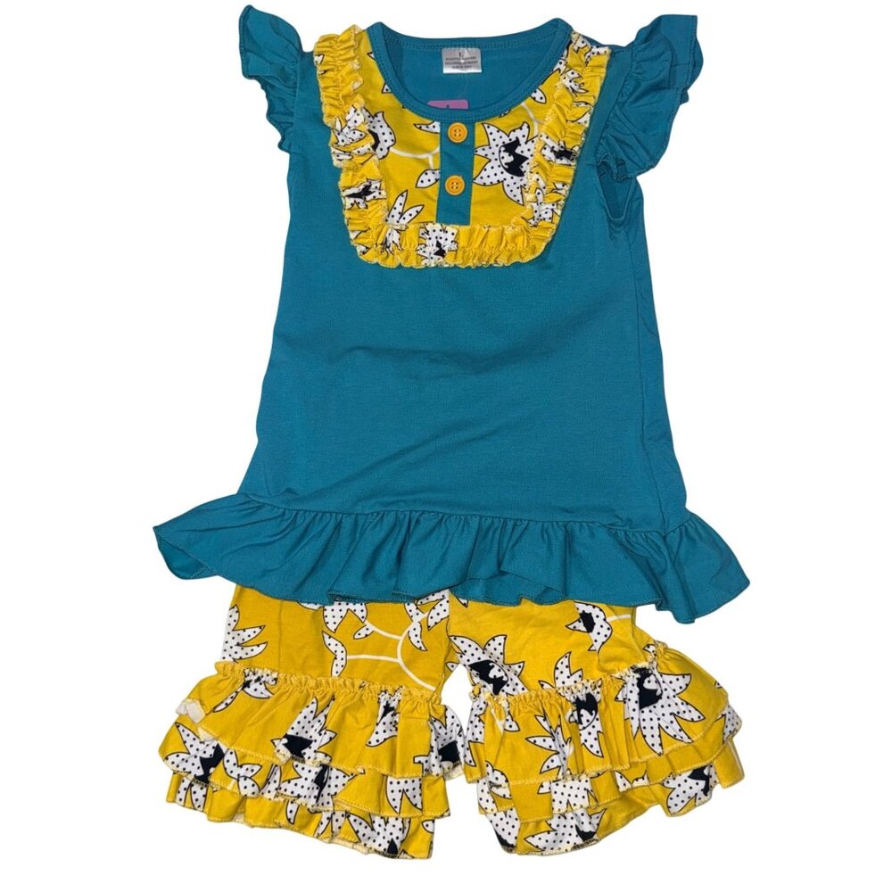 Teal Top & Yellow Floral Ruffle Shorts Girls Size 5/6 Cotton Blend Set